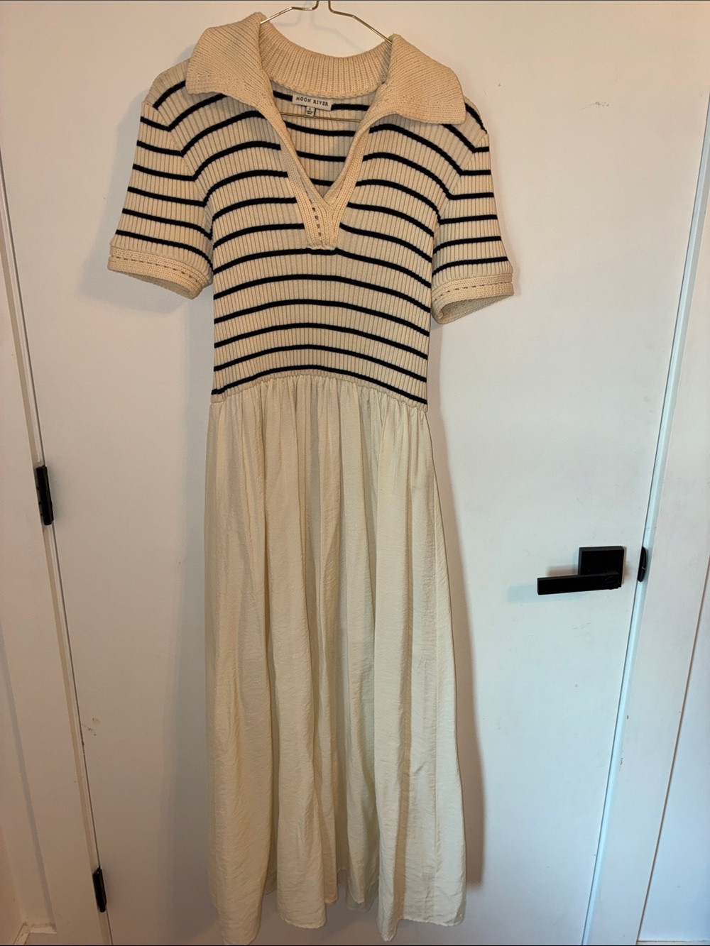 Moon River Striped Knit Polo Maxi Dress in Cream and Black